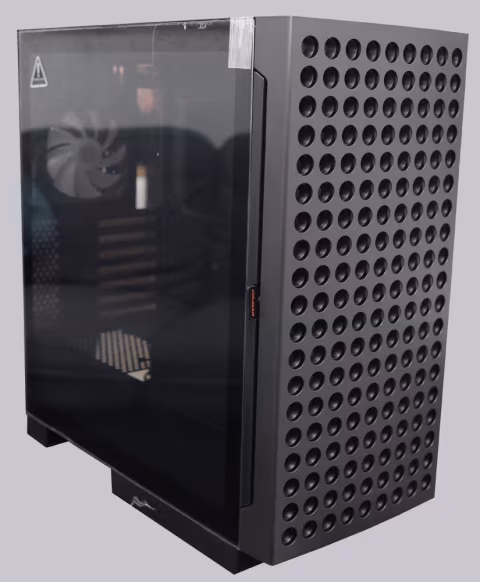 Black computer case with a tempered glass front panel and ventilated side panel.