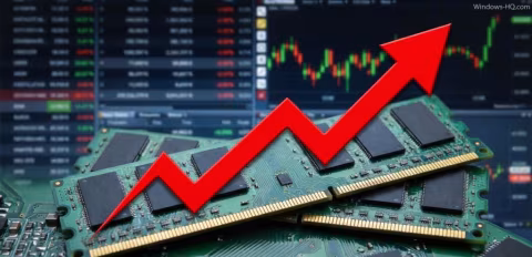 A red arrow pointing up and to the right over stacked computer memory modules and a financial graph.