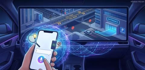 Screen display and smartphone showing map interface with AI upgrades and toll road signage.