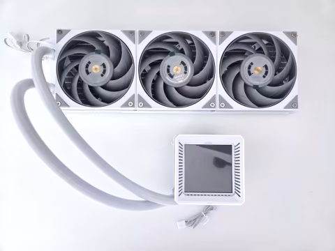 Three cooling fans connected to a small LCD display panel.