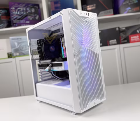 A white PC tower case with a large tempered glass side panel and front airflow design.
