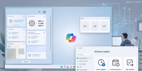 Interface displays multiple panels, including menus for Windows Update, settings, and apps.