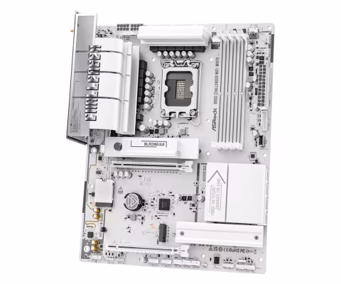 White motherboard featuring multiple expansion slots, CPU socket, and various circuit components.