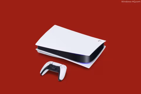 A white PlayStation 5 console and controller on a red background.