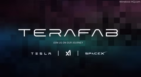 A digital rendering featuring the text TERAFAB and logos for Tesla and SpaceX.