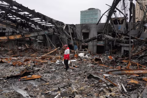 Ruins of a large, destroyed building structure under a gray sky.