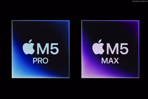 Two stylized squares displaying Apple M5 Pro and Apple M5 Max chip logos.