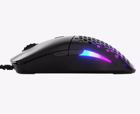 Black wireless mouse with a curved shape and illuminated colored accents.