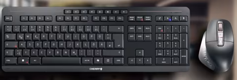 A black wireless keyboard and matching mouse, featuring standard alphanumeric keys and multiple function keys.