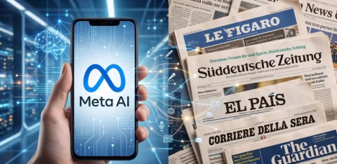 Hands holding a smartphone displaying 'Meta AI' and several international newspaper headlines.