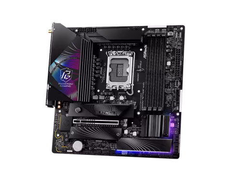 Motherboard with integrated graphics and memory slots, presented against a black background.