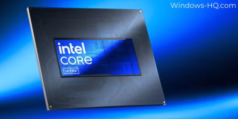 Close-up view of a processor package with the Intel Core Ultra logo.