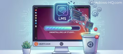 Computer screens display technical interfaces, including text reading 'UNINSTALLING LM STUDIO...' and 'UBUNTU 24.04'.