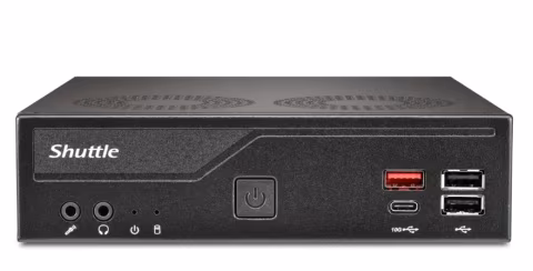 Black rectangular computer box with visible ports, labeled Shuttle.