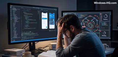 Man with dark hair sits in an office, looking intently at three illuminated computer monitors displaying code and diagrams.