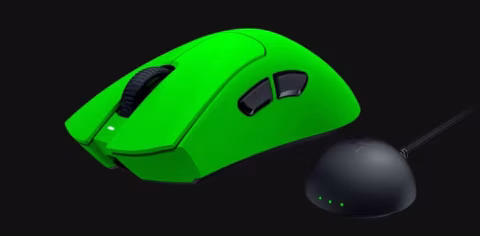 A pair of wireless gaming mice, featuring one green and one black, displayed on a solid dark background.