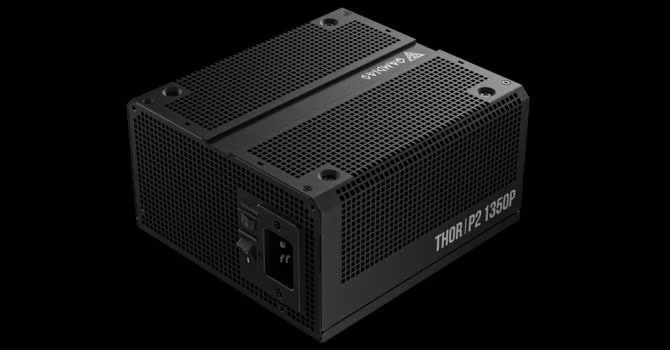 Black electronic device featuring a mesh grille top and a front panel labeled "THOR P2 1350P".