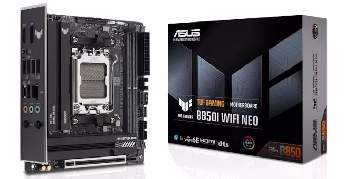 Black computer motherboard packaged in a rectangular box labeled ASUS TUF GAMING.