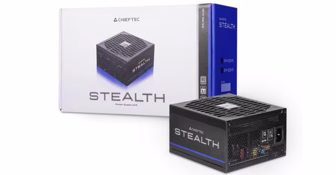 White retail packaging and a black electronic power supply unit labeled Chieftec Stealth.