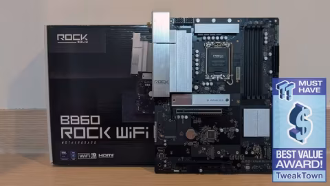 ASRock B860 Rock WiFi motherboard displayed next to its black retail packaging box.