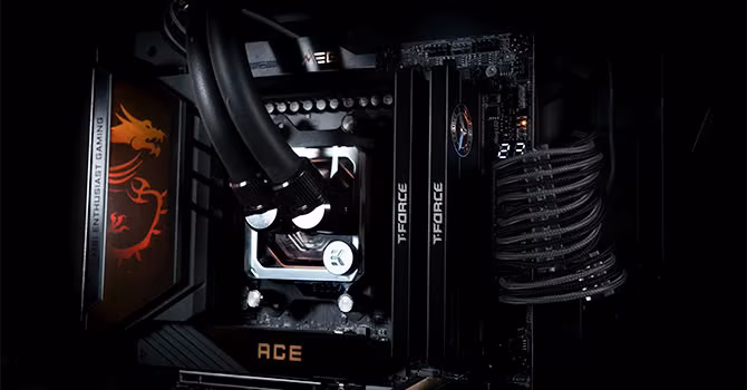 Close-up view of computer hardware, showing memory sticks and vertical components labeled TFORCE.