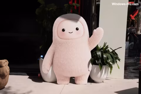 Light pink plush toy standing next to a potted green plant and a white cup-like container.