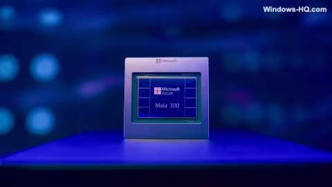 Metallic rectangular device featuring a screen displaying the Microsoft logo, "Microsoft Azure," and "Maia 300."