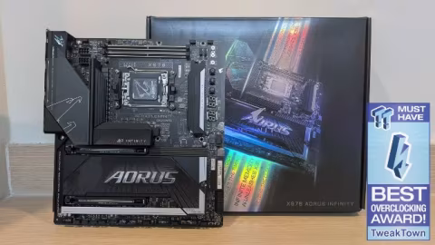 A motherboard branded X870 AORUS INFINITY is displayed as a product shot.