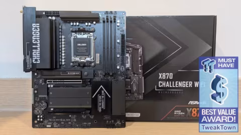 Motherboard and its retail packaging are displayed side-by-side. The visible motherboard is dark blue and black.