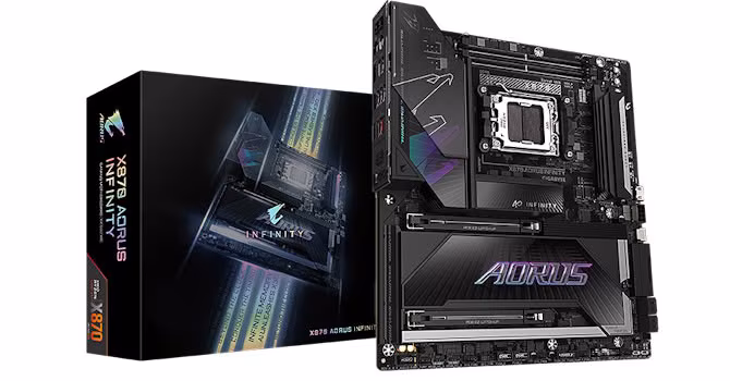 A retail box and two circuit boards are displayed, featuring X870 Aorus Infinity branding.