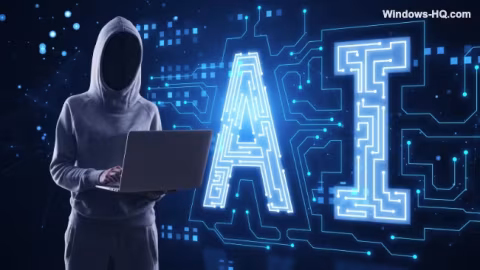 Person in a hooded sweatshirt looking at an open laptop against a dark background featuring glowing A I circuit lines.