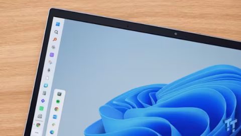 A digital screen displaying an operating system interface with a sidebar and abstract blue layered graphic.