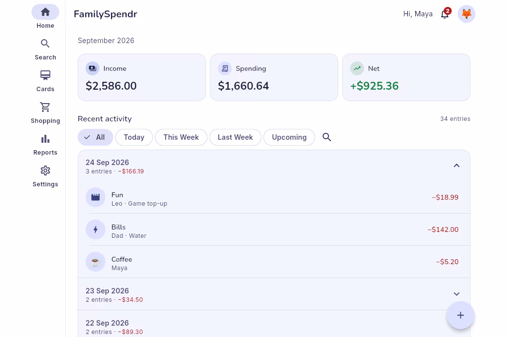 FamilySpendr in a desktop browser, with the tabs in a side menu beside the dashboard