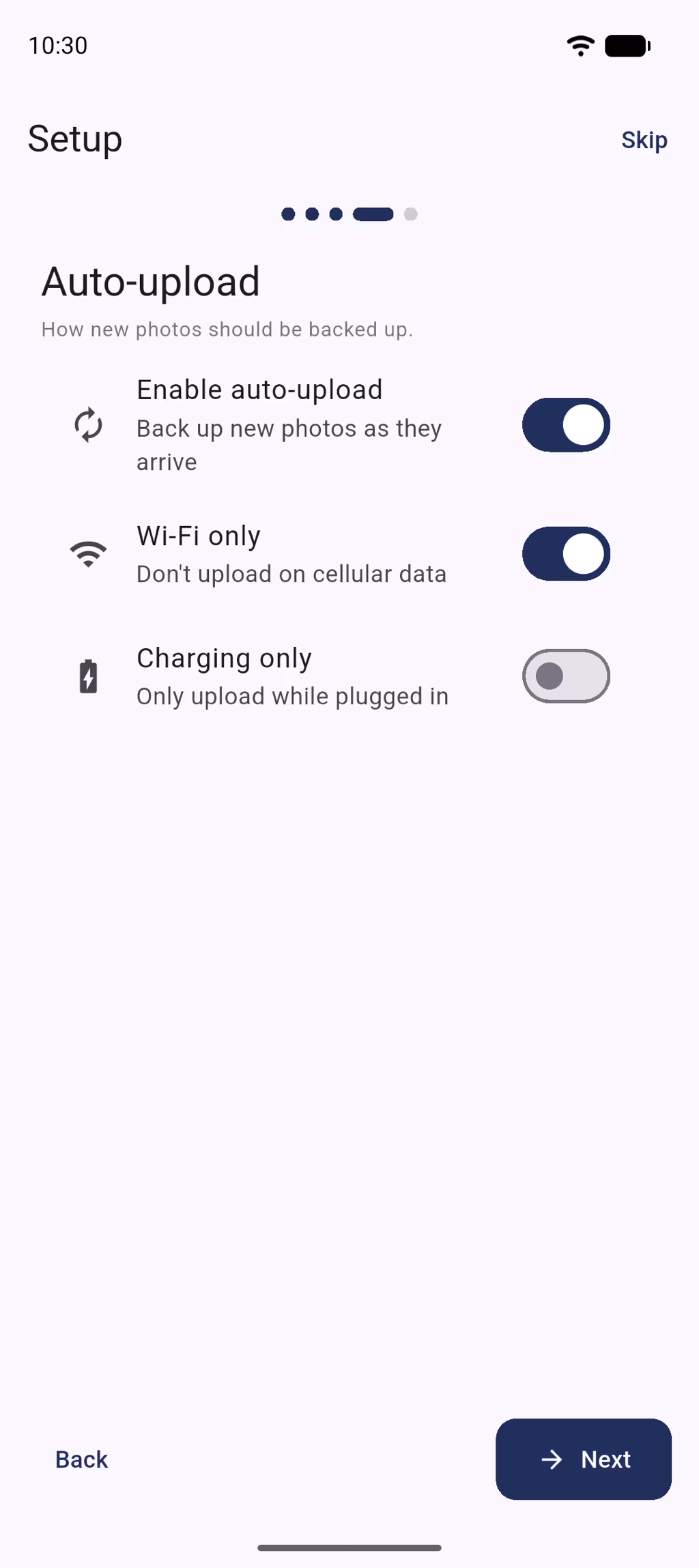 Setup step turning on auto-upload with Wi-Fi only