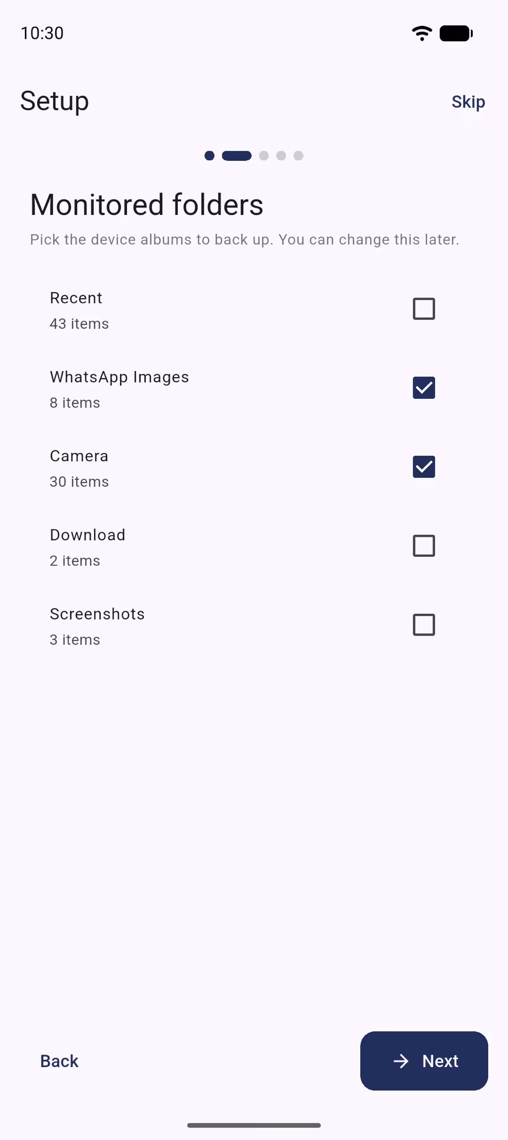 Setup step for choosing which phone folders to back up