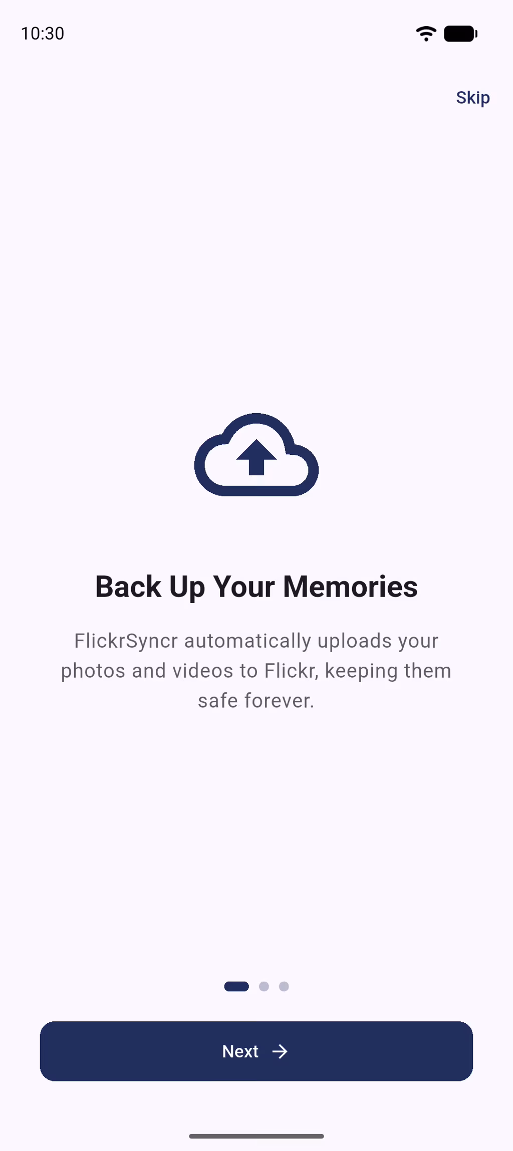 FlickrSyncr welcome screen: Back up your memories