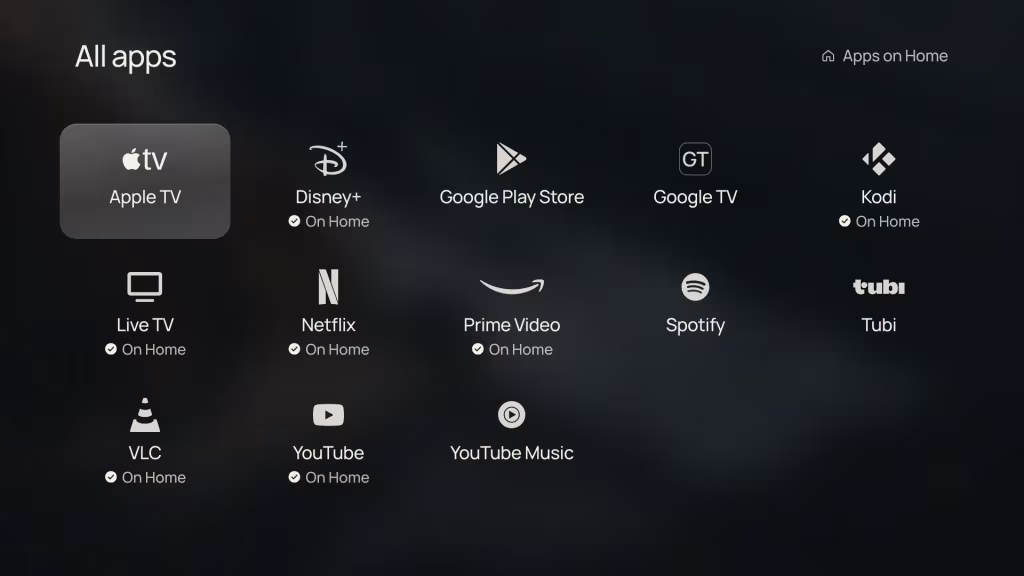 The All apps screen: every installed app in a five-column grid, with an On Home badge under the apps already on Home