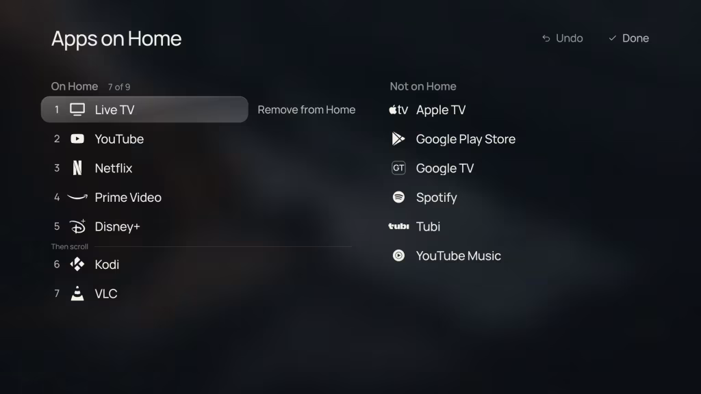 The Apps on Home editor: seven numbered apps on Home on the left, Remove from Home beside the focused app, and apps not on Home on the right