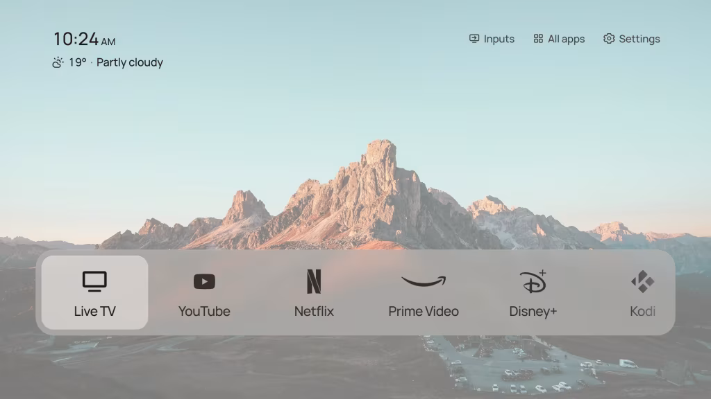 FoyerLauncher's Dock over a mountain photograph with Photo appearance set to Light: dark text on a pale veil and white glass