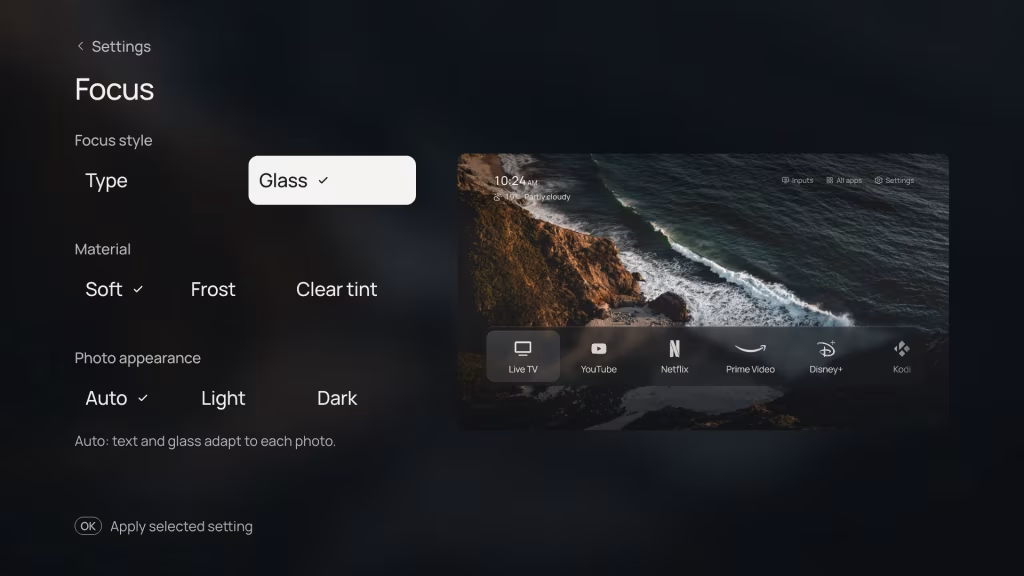 Settings, Focus: Type or Glass focus style, Soft, Frost or Clear tint material, and Photo appearance Auto, Light or Dark