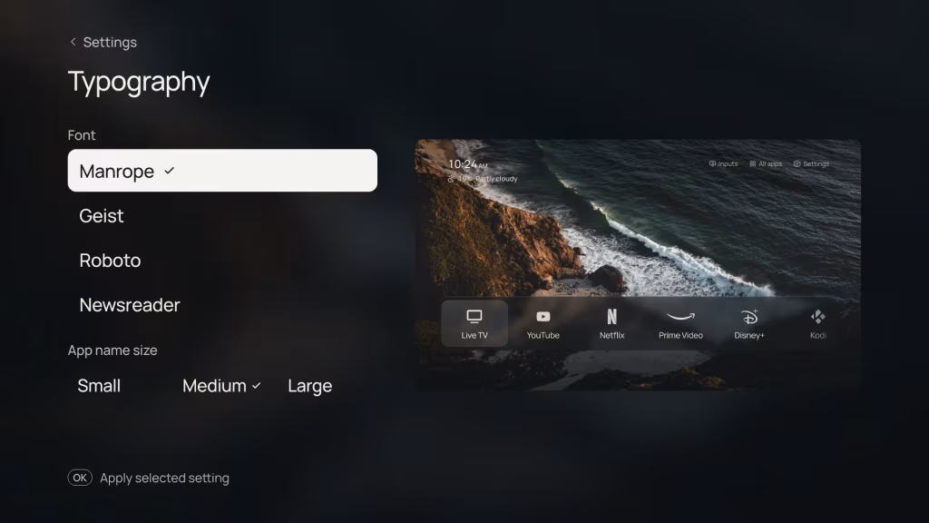 Settings, Typography: the fonts Manrope, Geist, Roboto and Newsreader, and app name sizes Small, Medium and Large