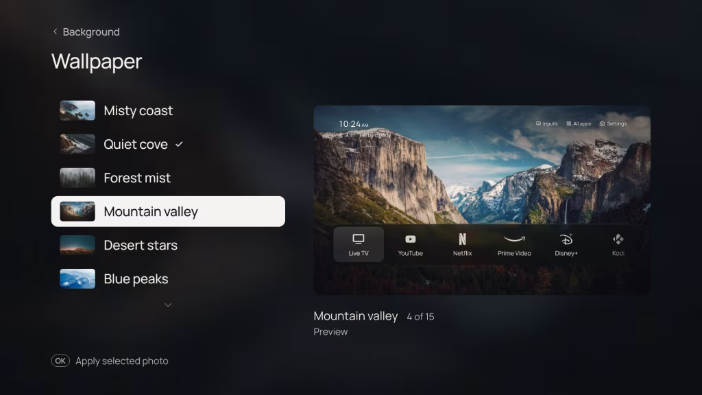 Settings, Background, Wallpaper: a list of photographs on the left and a preview of Home with the Mountain valley photo on the right