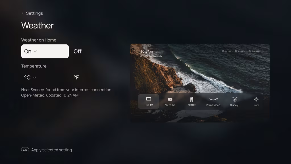 Settings, Weather: On or Off, °C or °F, and a note that the location was found from the internet connection